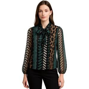 Elena Baldi Silk Blend Bow Tie Blouse Top Sz M Made in Italy Sheer Print NWT